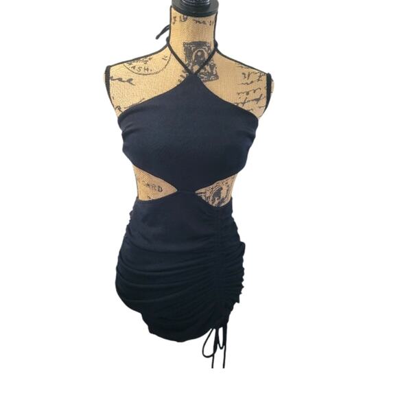 Princess Polly black halter mini dress, size 4, side cut outs, ruched, stretchy - Picture 2 of 5